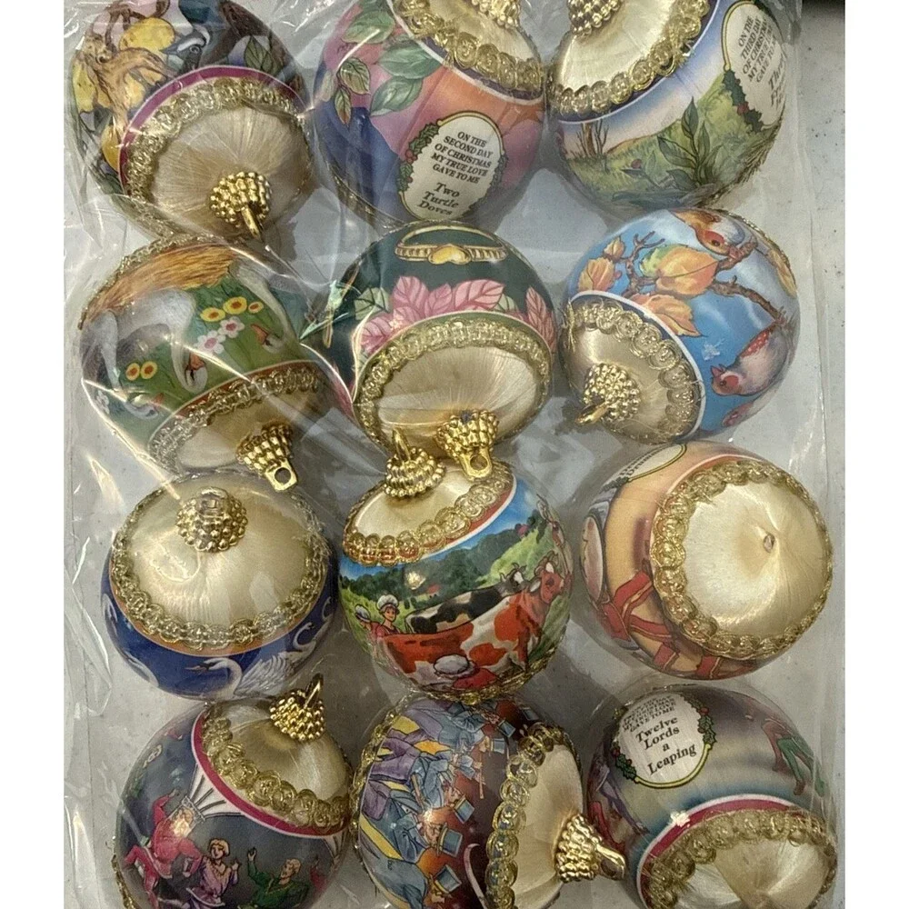 Twelve (12) Vintage Gold Satin Wrapped 12 Days Of Christmas Ornaments New In Box
